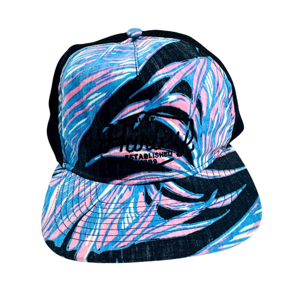 Hurley Snapback Trucker Cap Mesh Back Palm Leaf Print Blue Pink Black - Picture 1 of 5